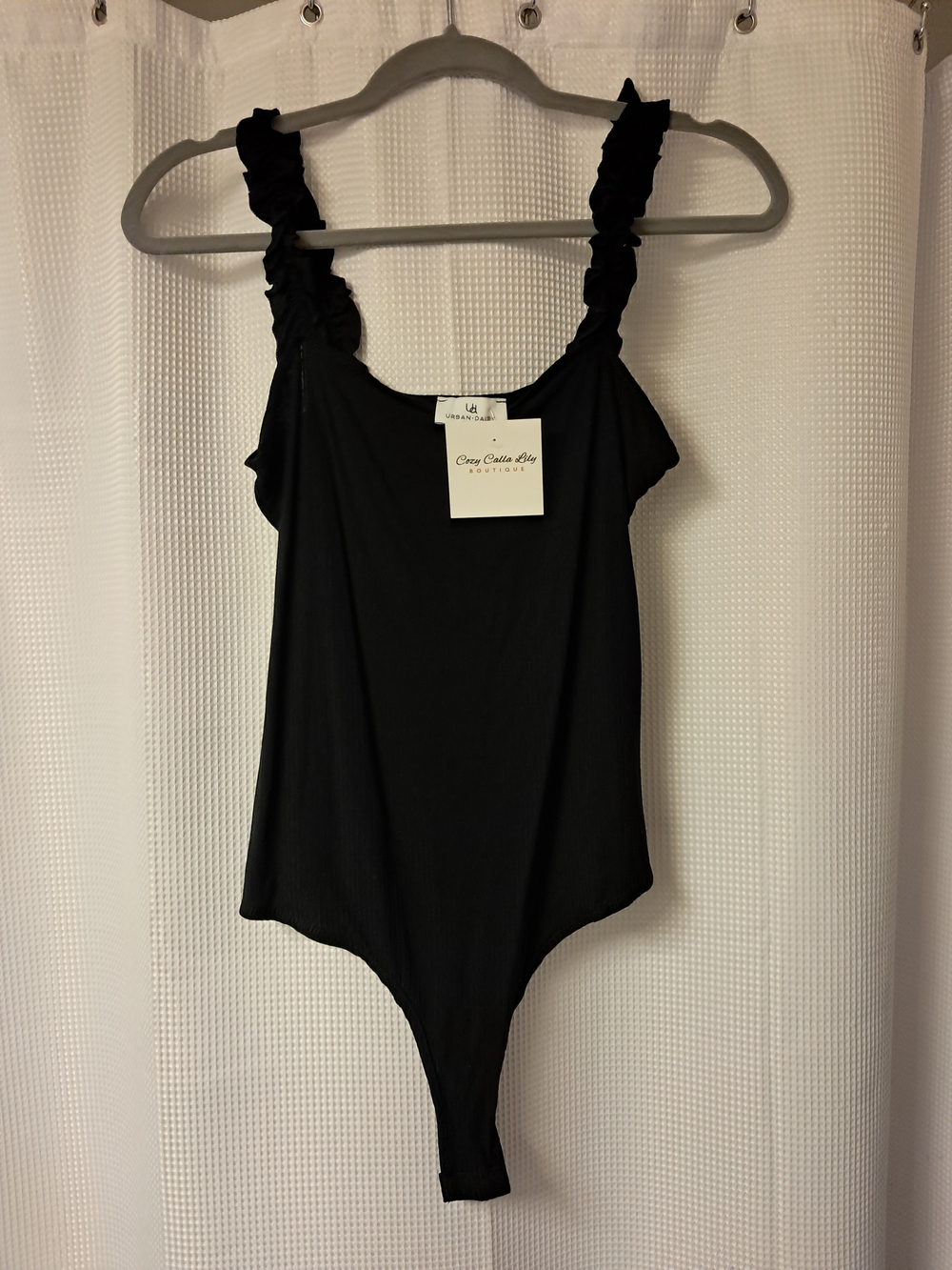 Cozy Cotton Shop Black Ruffled Strap Bodysuit